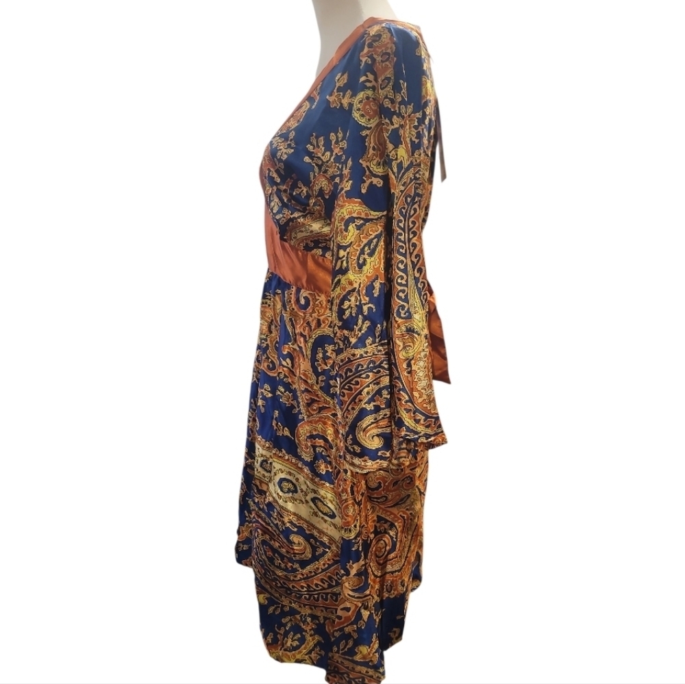 Speed Control blue gold rust print satin kimono midi dress Large nwt - Picture 6 of 7
